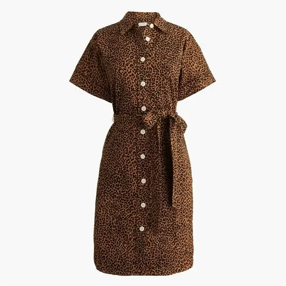 J. CREW 2025 Linen Belted Mini Shirt Dress Warm Brandy Animal Print Sz XL {3T15}